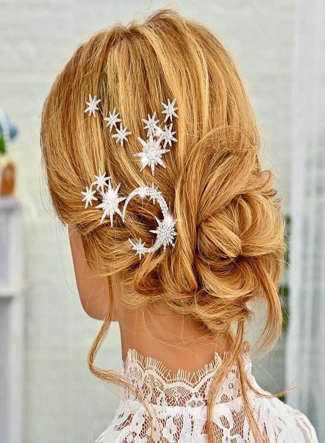 Unicra Star Moon Bride Wedding Hair Pins Crystal Bridal Hair Pieces Rhinestone Goddess Hair Accessories for Women and Girls (Pack of 5) (Silver) - Image 3